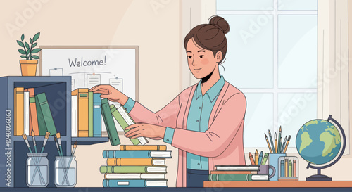 Teacher organizing books on shelf in classroom with whiteboard and globe