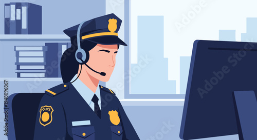 Police emergency dispatcher wearing headset and monitoring computer screens in modern flat solid color vector illustration style