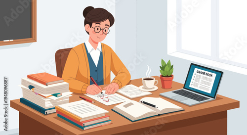 Teacher grading papers at desk with books, laptop, and coffee