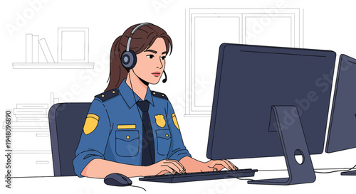Police emergency dispatcher wearing headset and monitoring computer screens in modern flat solid color vector illustration style