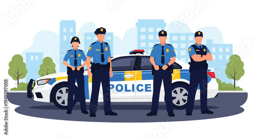Group of police officers standing confidently together in front of patrol vehicle representing teamwork in modern flat solid color vector style
