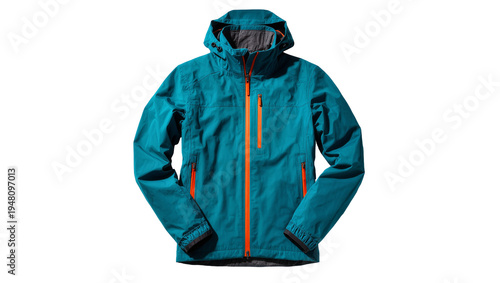 Photos Isolated men's or unisex teal hooded jacket with orange zippers for active lifes