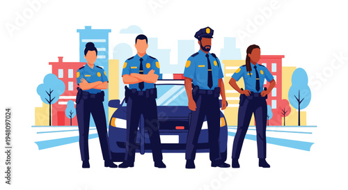 Group of police officers standing confidently together in front of patrol vehicle representing teamwork in modern flat solid color vector style