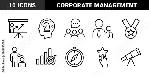 Business management line icon set. Vector pictograms of strategy, leadership, training, communication, mentorship, growth, success, direction, vision, and selection.