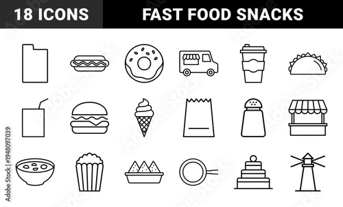 Fast food and street snacks line icon set. Vector pictograms of hot dog, donut, burger, taco, ice cream, popcorn, and food truck, thin outline illustration.