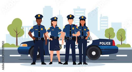 Group of police officers standing confidently together in front of patrol vehicle representing teamwork in modern flat solid color vector style