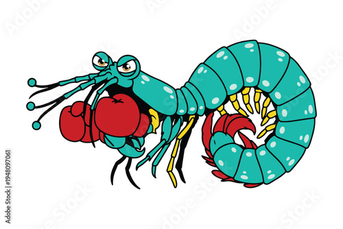 Colorful Boxer Mantis Shrimp Wearing Boxing Gloves, Ready for Action and mantis punch