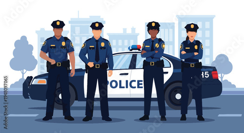 Group of police officers standing confidently together in front of patrol vehicle representing teamwork in modern flat solid color vector style