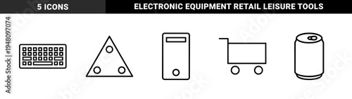 Miscellaneous line icon set. Vector pictograms of computer tower, keyboard, billiard triangle, beverage can, and shopping cart, thin outline illustration.