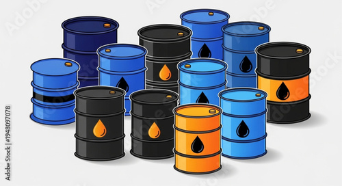 Collection of Oil Barrels in Various Colors with Flame Symbol.
