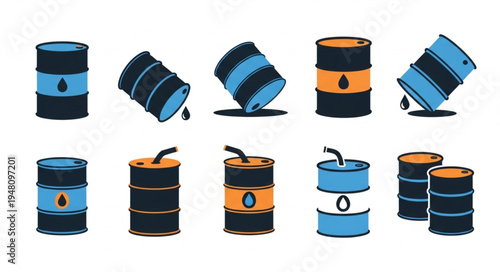 Collection of Oil Barrels in Various States and Positions.