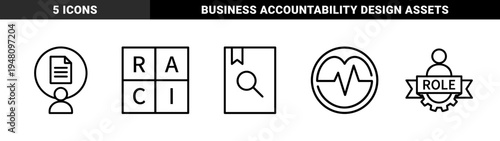 Business management icon set. Vector pictograms of document search, employee profile, raci matrix, job role, and pulse monitor, black thin outline illustration.