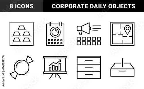 Business and lifestyle line icon set. Vector pictograms of gold bars, calendar, megaphone, floor plan, data chart, candy, drawers, and medical capsule, outline illustration.