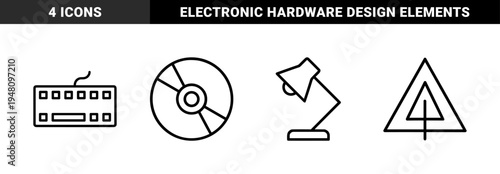 Technology and office line icon set. Vector pictograms of computer keyboard, compact disc, warning sign, and desk lamp, black outline illustration.