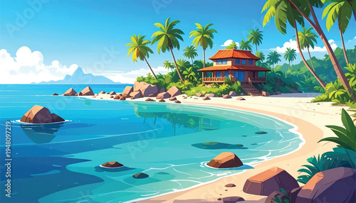 Two story tropical villa facing clear water and a sandy coast. Grand seaside home with palms, rocks, and peaceful surf. Refined island residence on a bright luxury shoreline. 