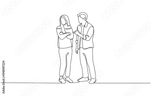 Continuous one line drawing of young man asking sulking girlfriend to link pinky fingers, couple relationship concept, single line art