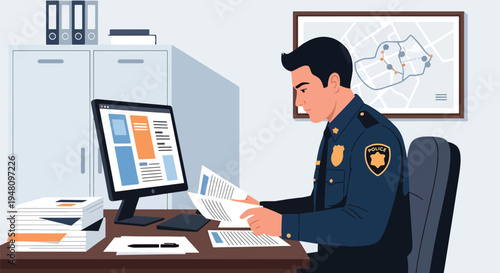 Police officer reviewing case files and paperwork at desk inside organized police office workspace in modern flat solid color vector illustration style