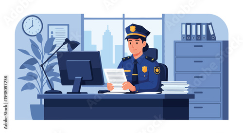 Police officer reviewing case files and paperwork at desk inside organized police office workspace in modern flat solid color vector illustration style