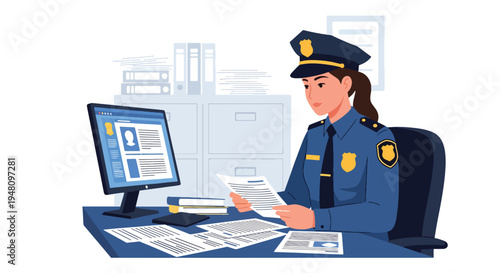 Police officer reviewing case files and paperwork at desk inside organized police office workspace in modern flat solid color vector illustration style