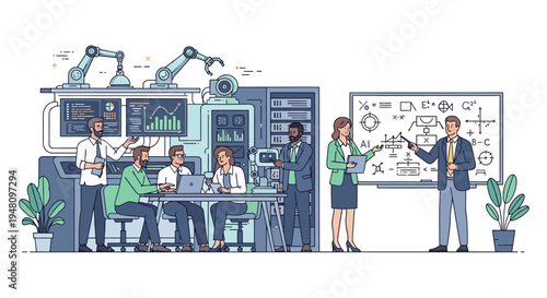 Business team collaborating on innovative technology project in modern lab