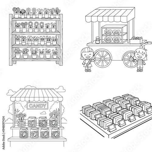 Coloring book sweet treats: candy, pretzels, flower shop & merchandise display line art
