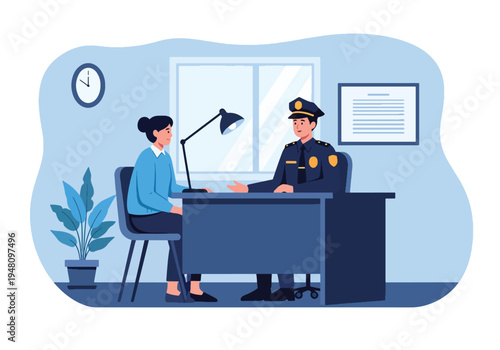 Police officer talking with citizen across desk inside interview room in modern flat solid color vector illustration style