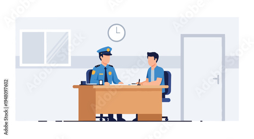 Police officer talking with citizen across desk inside interview room in modern flat solid color vector illustration style