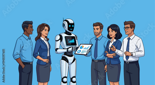 Business team collaborating with robot on data analysis in modern office