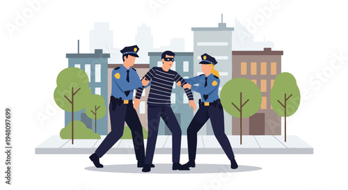 Two police officers arresting thief suspect on city street, flat vector illustration representing law enforcement, public safety and crime prevention