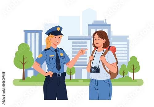 Friendly police officer giving directions to tourist in city street, clean flat vector illustration representing public service, safety assistance and community policing