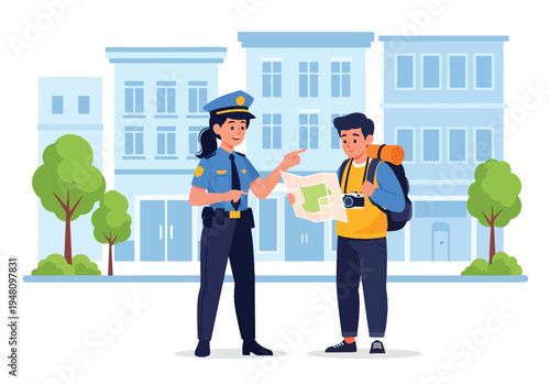 Friendly police officer giving directions to tourist in city street, clean flat vector illustration representing public service, safety assistance and community policing