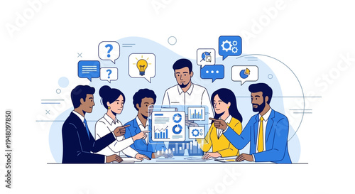 Diverse business team collaborating on data analysis project together