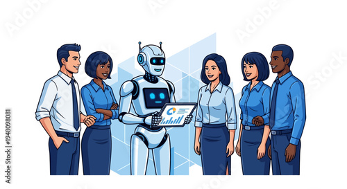 Diverse team collaborating with robot on business data analysis