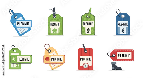 A colorful collection of illustrated Pilgrim ID tags for hiking and pilgrimage journeys.