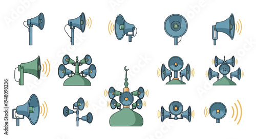 Cartoon Megaphones and Loudspeakers Collection with Sound Waves.