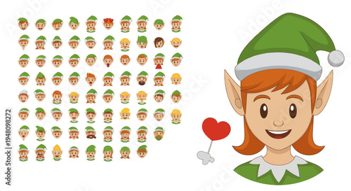 Smiling Cartoon Elf with Red Hair and Green Hat Holding Heart.