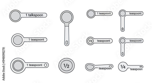Collection of various kitchen measuring spoons in line art style.