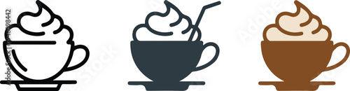 Minimalist coffee cup vector icons set featuring whipped cream topping and saucer in outline solid and brown styles.
