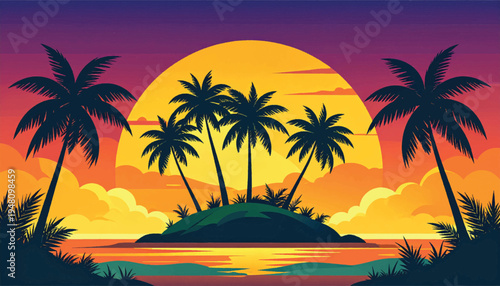 Tropical silhouette island under radiant sunset above still water. Exotic palm scene with glowing horizon and tranquil seascape. Vibrant evening paradise framed by trees and golden reflection. 
