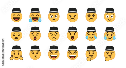 Diverse Emoji Set Wearing Peci Hats Expressing Varied Emotions and Expressions.