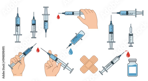 Collection of Medical Syringes with Needles and Liquid Droplets Healthcare Equipment.