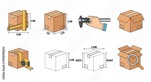 Hand-drawn illustration set of measuring cardboard shipping boxes for package dimensions and logistics.