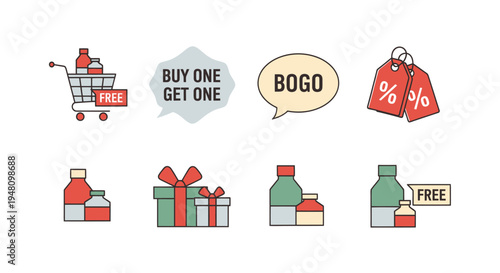 Retail sales promotion icons set: shopping cart BOGO free offers and discount bags.