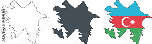 Azerbaijan map vector icons set featuring national flag colors and geographic border outlines in minimalist flat graphic styles.