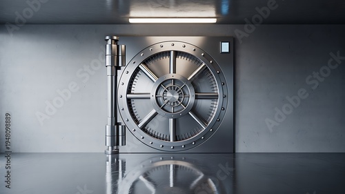 Modern secure bank vault door with metallic surface in high tech security room with reflective floor