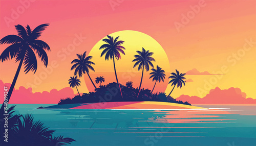 Pastel island sunset with serene water and elegant palm forms. Soft dusk seascape featuring gentle color harmony and stillness. Dreamy tropical shoreline beneath luminous orb and quiet clouds. 