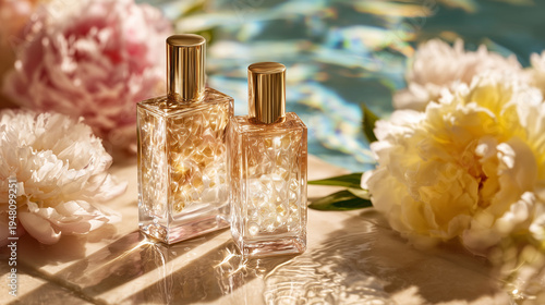 high-end beauty campaign for luxury skincare bottles with pink peonies, elegant cosmetic product display on stone podium in water, premium aesthetic spa and wellness branding