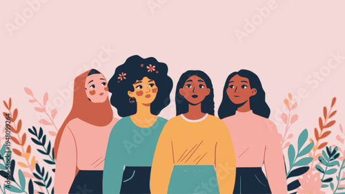 International Women's Day. March 8th. Vector banner women of different skin colors, nationalities, stand together, looking up. Feminism, freedom. Movement for gender equality, women's empowerment