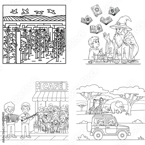 Kids coloring book collection: corn maze, wizard, cafe music & safari scenes, line art