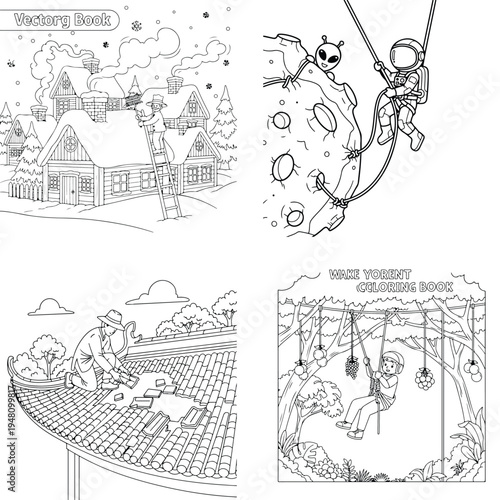Educational coloring book: snowy village, space alien, farmer, and gravity swing, line art